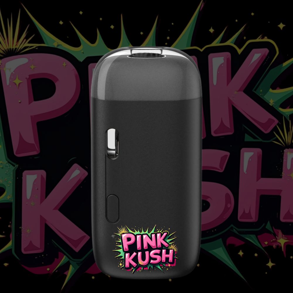 Pink Kush pod vape with vibrant pink comic-style logo and compact design