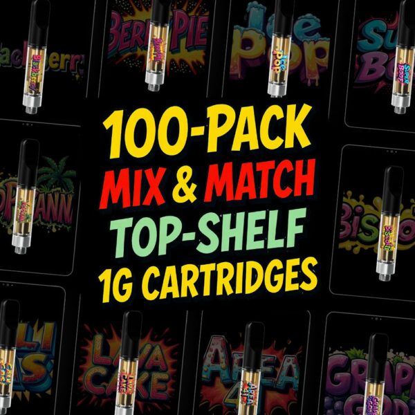 Bulk vape cartridge 100-pack mix and match deal featuring top-shelf 1G THC cartridges
